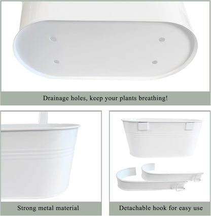 10" Hanging Flower Pots, Pack of 4 White Metal Outdoor Patio Balcony Planter, Railing Planters Fence Pot with Detachable Hook & Drainage Hole for Small Plants (White, 4Pcs)