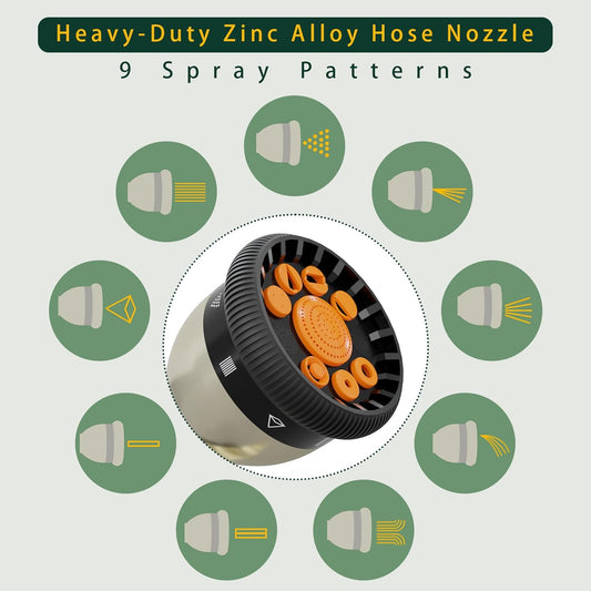 Hose nozzle - High Pressure Garden Hose Nozzle with 9 Adjustable Spray Patterns - Heavy Duty & Leak-Proof Zinc Alloy Spray Nozzles for Outdoor Use, Car Washing, and Watering Plants