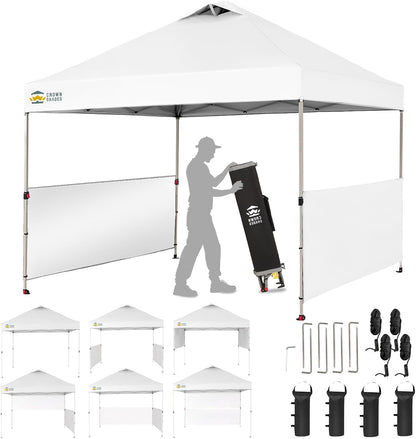 CROWN SHADES 10x10 Pop up Canopy Tent Instant Canopy with 150D Silver Coated Fabric Including 2 Half Sidewalls, 4 Ropes, 8 Stakes, 4 Weight Bags, STO 'N Go Bag, White