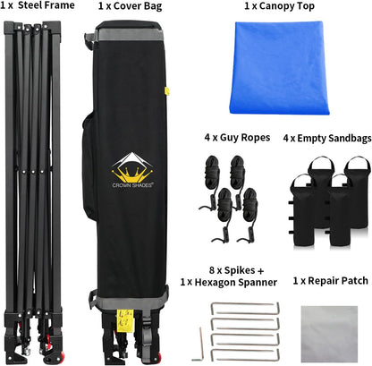 CROWN SHADES 10x10 Pop Up Canopy Tent - Patented Center Lock One Push Instant Outdoor Canopy Beach Tent with STO-N-Go Bag 8 Stakes & 4 Sand Bags，Blue