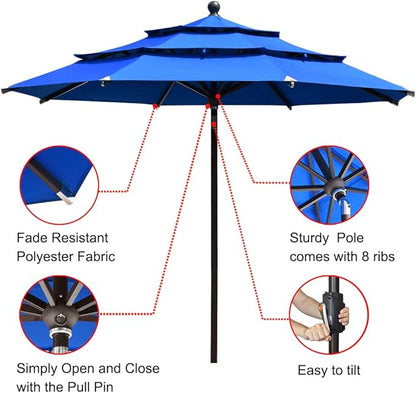 EliteShade USA 10-Year-Non-Fading 11Ft 3 Tiers Market Umbrella Patio Outdoor Cylinder Auto Push-up Table Umbrella with Ventilation, Royal Blue