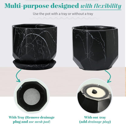 Large Marble Black Plant Pot with Drainage Holes and Saucers, Ceramic Pots for Indoor Outdoor Plants, 7 Inch Premium Hand Glazed Planters for Flower, Garden, Succulent, Nursery, Home Decor