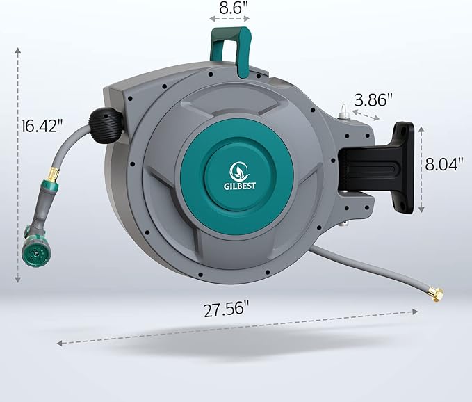 65 ft x 1/2" Retractable Garden Hose Reel, Heavy Duty Water Hose Reel Wall Mounted, Any Length Lock, 180°Swivel, Water Hose with 10-Function Nozzle for Cleaning, Watering (Green)