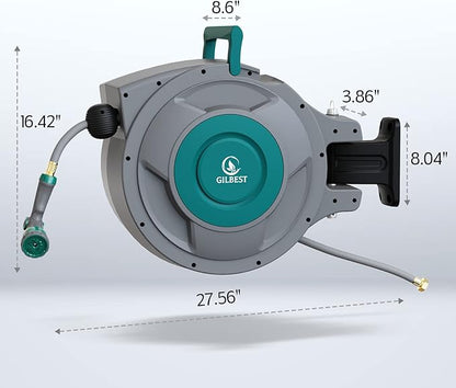 65 ft x 1/2" Retractable Garden Hose Reel, Heavy Duty Water Hose Reel Wall Mounted, Any Length Lock, 180°Swivel, Water Hose with 10-Function Nozzle for Cleaning, Watering (Green)