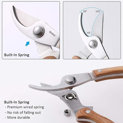 BUGUI 8” Wood Handle Garden Scissors, Set of 2, Includes Bypass Pruning Shears and Long Straight Tip Clippers, Premium Gardening Tools with Precision-Ground SK-5 Steel Blade