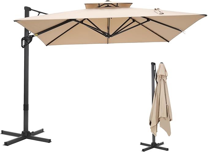 Sophia & William Cantilever Patio Umbrella 10'x 13', Hydraulic Lift Offset Large Outdoor Umbrellas, 2-Tier Hanging Umbrella with 360-degree Rotation, Beige(No Base)