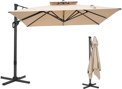 Sophia & William Cantilever Patio Umbrella 10'x 13', Hydraulic Lift Offset Large Outdoor Umbrellas, 2-Tier Hanging Umbrella with 360-degree Rotation, Beige(No Base)