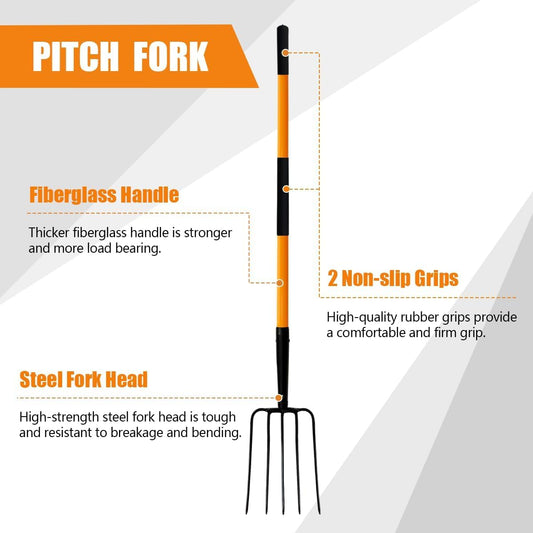 Pitch Fork-58 Inch，5-Tine Steel Garden Fork Heavy Duty, Mulch with Cushion Grip, Orange Fiberglass Handle