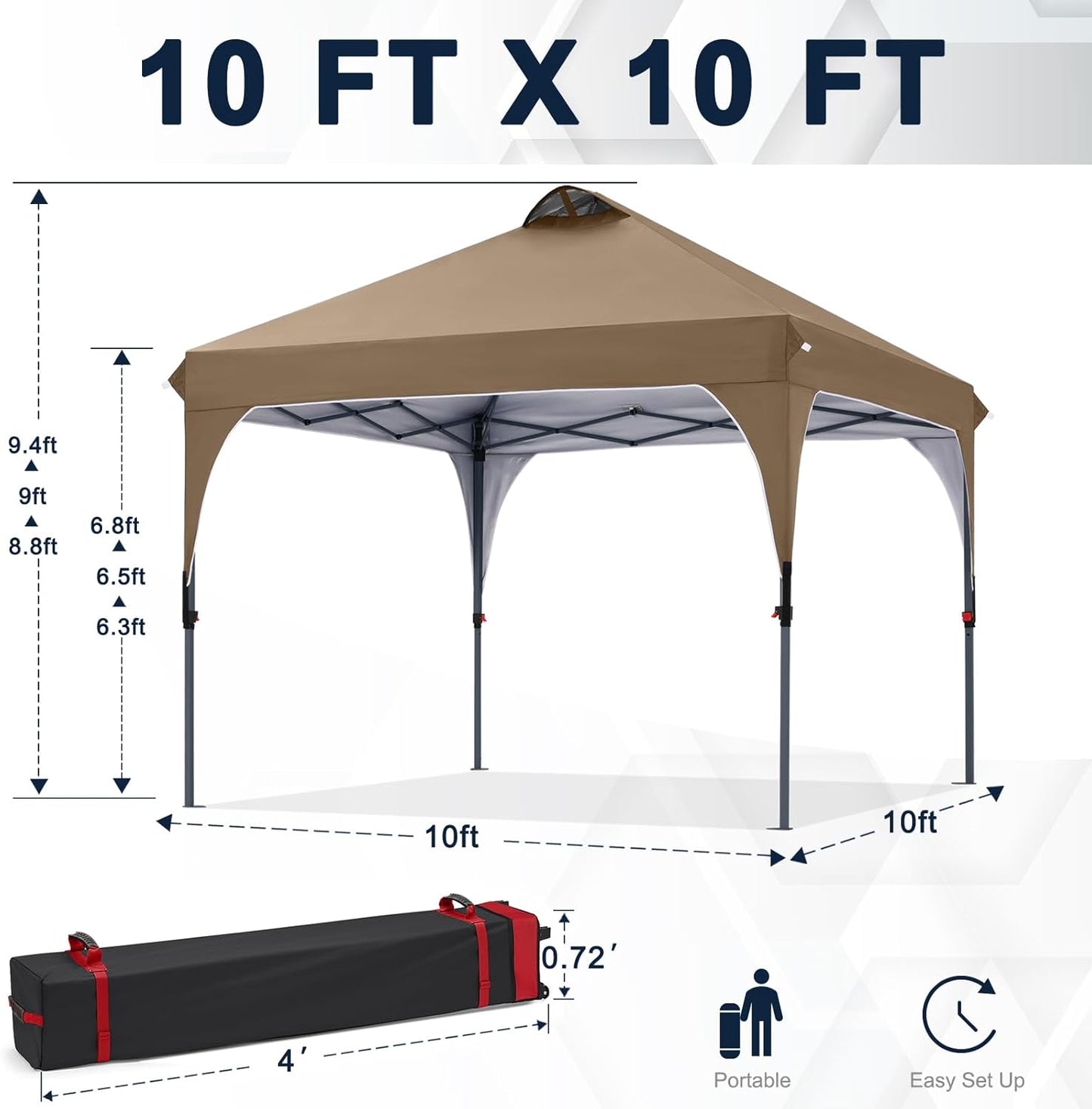 COOSHADE Pop Up Canopy Tent, 10x10 Easy Setup Instant Canopy Sun Shelter Beach Tent, Portable Sports, Khaki