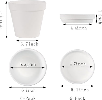 Yishang Large Terra Cotta Pots with Saucer- 6 Pack Large 6'' Terra Cotta Plant Pot with Drainage Hole, Flower Pot with Tray, Terracotta Pot for Indoor Outdoor Plant(White)