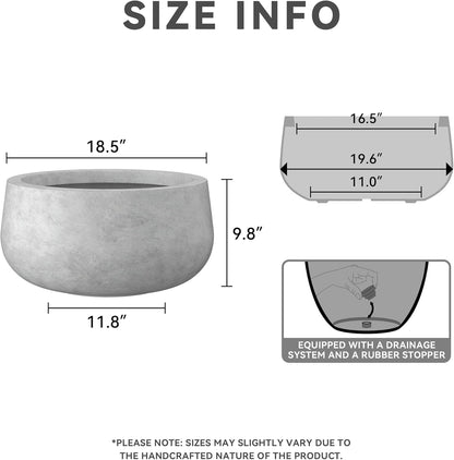 Kante 19.6" Dia Round Concrete Planter, Cement Plant Pots with Drainage Hole and Rubber Plug for Outdoor Indoor Garden Home, Modern Curvaceous Design, Natural Concrete