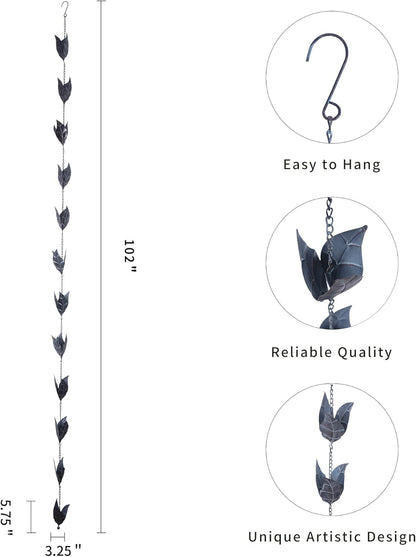 Rain Chain Decoration 8.5 FT., Rain Catcher Chain Gutter Downspout 102'' for House Eaves, Garden & Home, Leaf Shape Rain Chains