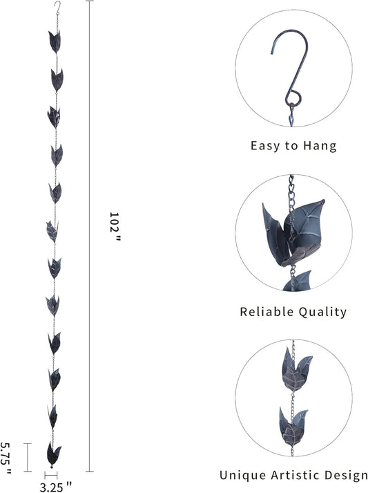 Rain Chain Decoration 8.5 FT., Rain Catcher Chain Gutter Downspout 102'' for House Eaves, Garden & Home, Leaf Shape Rain Chains