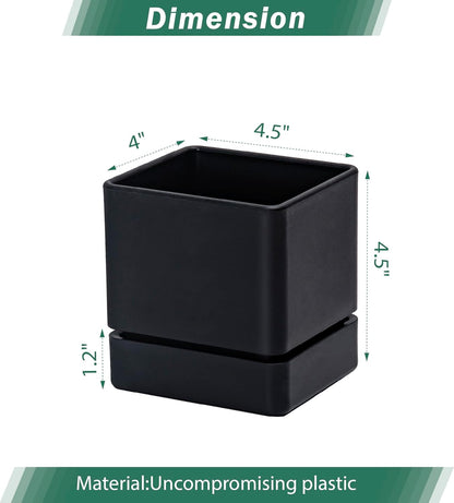 4 Inch Herb Planter Pot, Plastic Planter with Drainage Holes and Saucer, Modern Decorative Gardening Pot for Indoor Plants, Flowers, Herbs, Succulents, Black, Set of 3, 76-Y-B-3