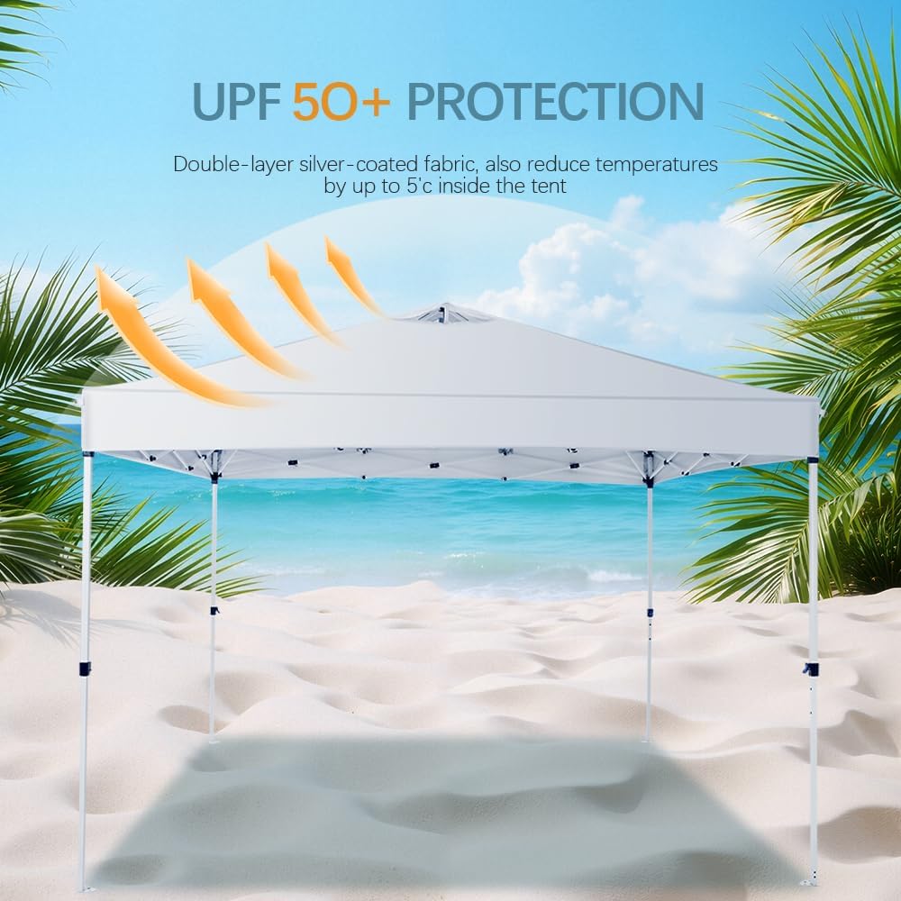 10x10 Pop Up Canopy Tent – One-Person Setup, Waterproof & UV-Blocking, Heavy-Duty Steel Frame, Wheeled Bag & Sandbags – Outdoor Shade for Beach, Camping, Backyard, Tailgate, Events (White)