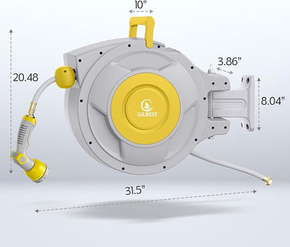 100 ft x 5/8" Retractable Garden Hose Reel, Heavy Duty Water Hose Reel Wall Mounted, Any Length Lock, 180°Swivel, Water Hose with 10-Function Nozzle for Cleaning, Watering(Yellow)