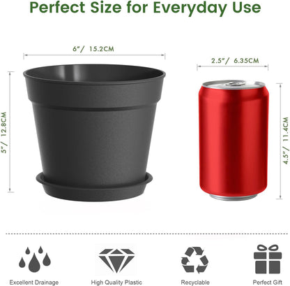 10 Pack 6 Inch Plant Pots with Drainage and Saucers, Black Plastic Flower Pots for Indoor and Outdoor Plants, Stackable Nursery Planters for Houseplants and Herbs, Black