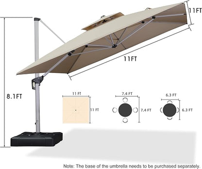 PURPLE LEAF 11 Feet Double Top Deluxe Square Patio Umbrella Offset Hanging Umbrella Outdoor Market Umbrella Garden Umbrella, Beige