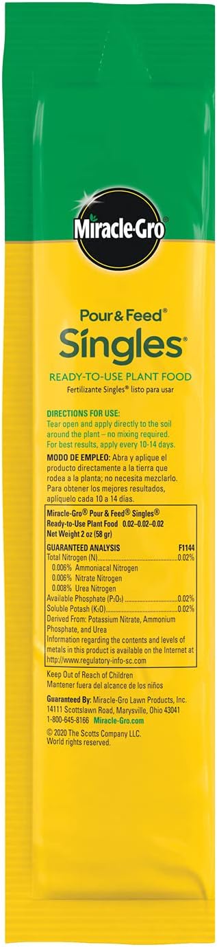 Miracle-Gro Pour & Feed Singles Ready-To-Use Liquid Plant Food - Pre-Measured Liquid Plant Fertilizer for Potted Plants, 2 oz. Singles