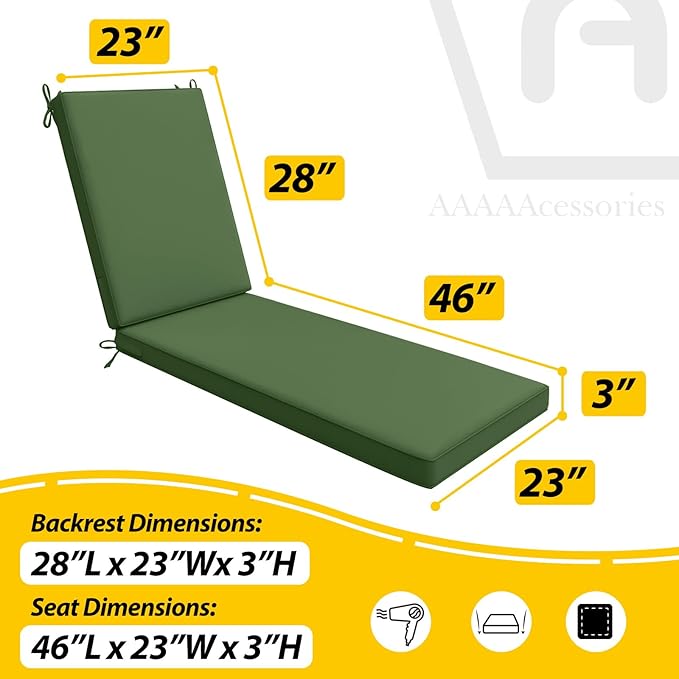 AAAAAcessories Outdoor Chaise Lounge Cushions, Waterproof, Fade-Resistant Patio Furniture Replacement Cushions, 74" x 23" x 3", Dark Moss Green