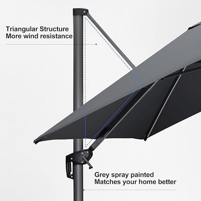 PURPLE LEAF 10 Feet Patio Umbrella Outdoor Cantilever Solar Powered LED Square Umbrella Aluminum Offset Umbrella with 360-degree Rotation for Garden Deck Pool Patio Light Grey