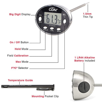 CDN Thin Tip Thermometer | ProAccurate®, 4.75" Stem, Digital, Hold, Max, Waterproof, NSF Certified, Ideal for Cooking, Brewing - DTQ450X