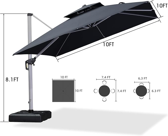 PURPLE LEAF 10 FT Cantilever Patio Umbrellas with Base Included, Large Square Offset Umbrella with 360° Rotation, Outdoor Aluminum Pool Umbrella for Pool Lawn Garden, Grey