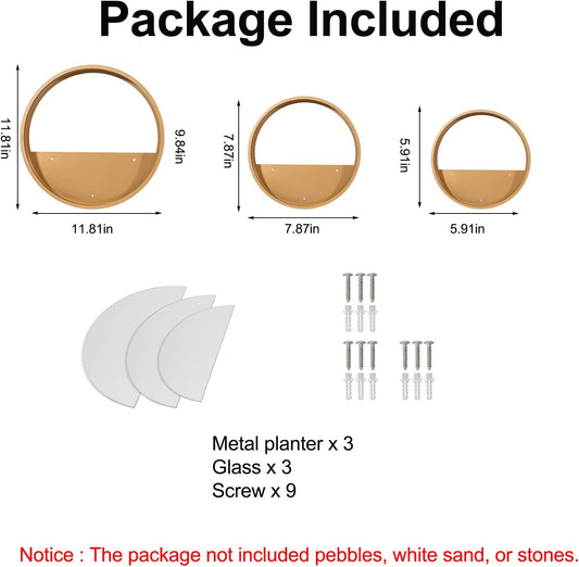 3 Pack Set Wall Planters,Modern Round Glass Wall Planter Succulent Planter Circle Iron Hanging Planter Vase for Herb,Small Cactus Perfect for Balcony, Room and Patio Decor (Gold)