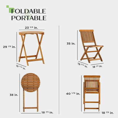 IDZO Heavy Duty 400lbs Capacity Patio Bistro Sets, 3 Piece Outdoor Folding Chairs with Cushions and Round Table, FSC-Certified Acacia Wood, Space-Saving Design for Balcony, Garden and Porch