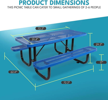 6 ft. Rectangular Outdoor Steel Picnic Table with Umbrella Pole, Heavy-Duty Weather-Resistant Dining Table for Patio, Backyard, and Garden, Rust-Resistant Finish, Blue