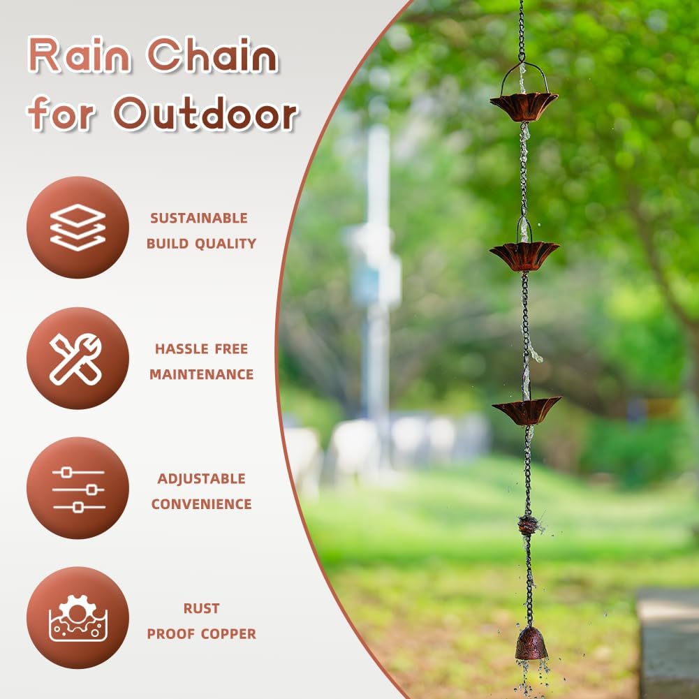 10FT Lotus Rain Chain, Rain Chains for Gutters with 12 Cups, Adjustable Rain Catcher Chain with Bell for Eaves Drainage, Replacement for Downspout