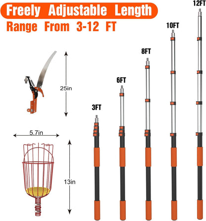 20FT Reach Fruit Picker Pole with Basket Telescoping, Apple Picker with Tree Trimmer and 3-12FT Extension Pole for Orange Lemon Mango Avocado Guava Fruit Picking