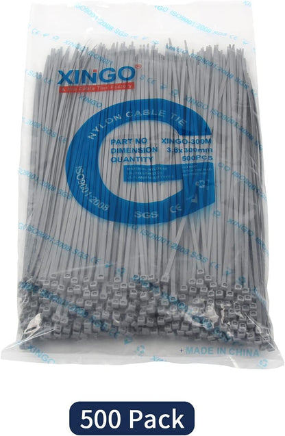 XINGO Nylon Cable Zip Ties Self Locking Plastic Wire Ties with 40 Lbs Tensile Strength for Indoor and Outdoor 12 Inch 500 Pack Silver Grey