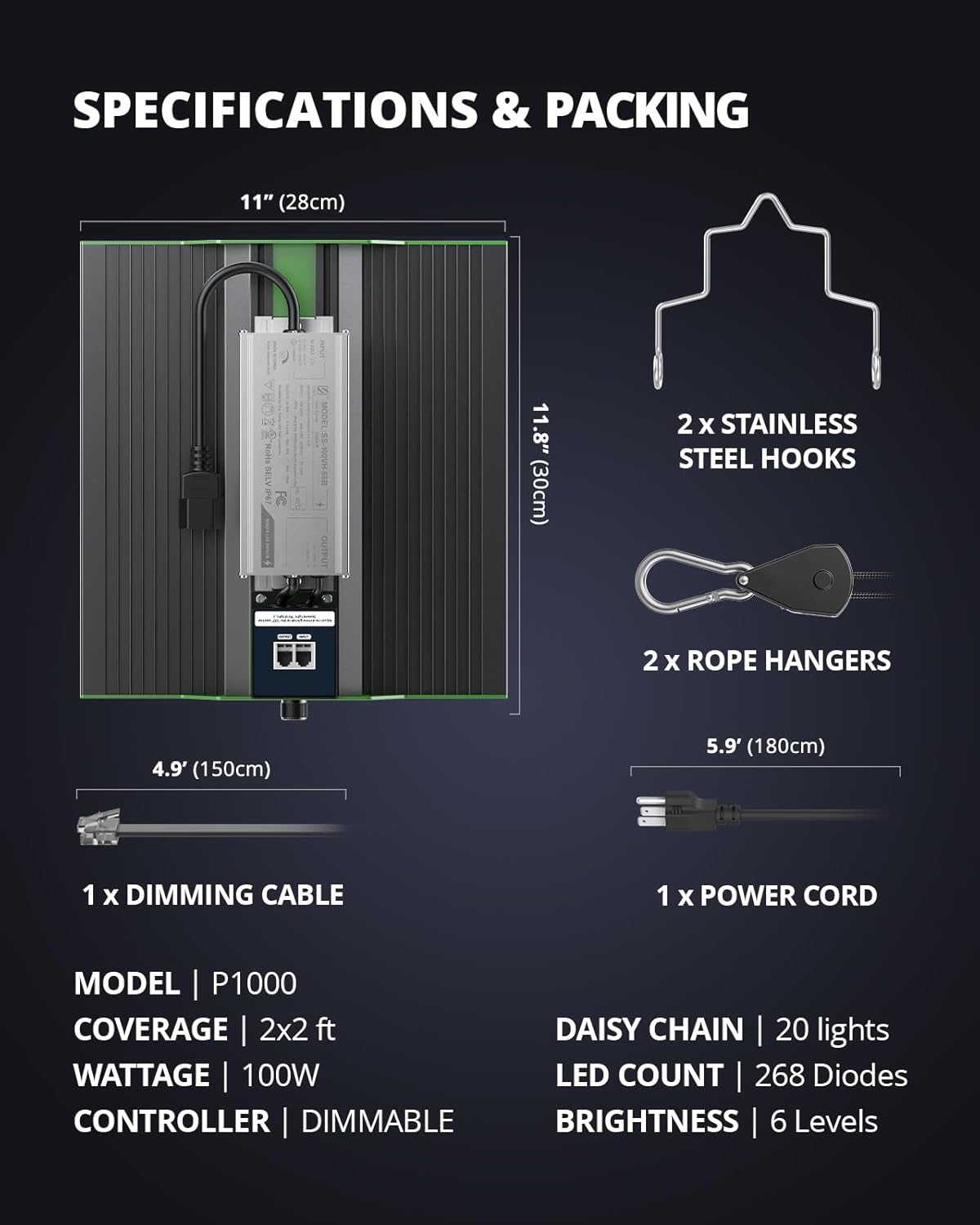 VIPARSPECTRA P1000 LED Grow Light for Seed Starting Vegetables Bloom, Dimmable Plant Lights Dimming Daisy Chain Grow Lights for Indoor Plants Full Spectrum for 3x3/2x2 Grow Tent