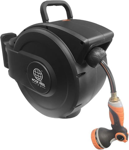 Retractable Garden Hose Reel, 50 ft Wall-Mounted Garden Hose with Automatic Rewind, 10-Function Spray Nozzle, 180° Swivel Bracket, Heavy-Duty Leak-Proof Design, Black