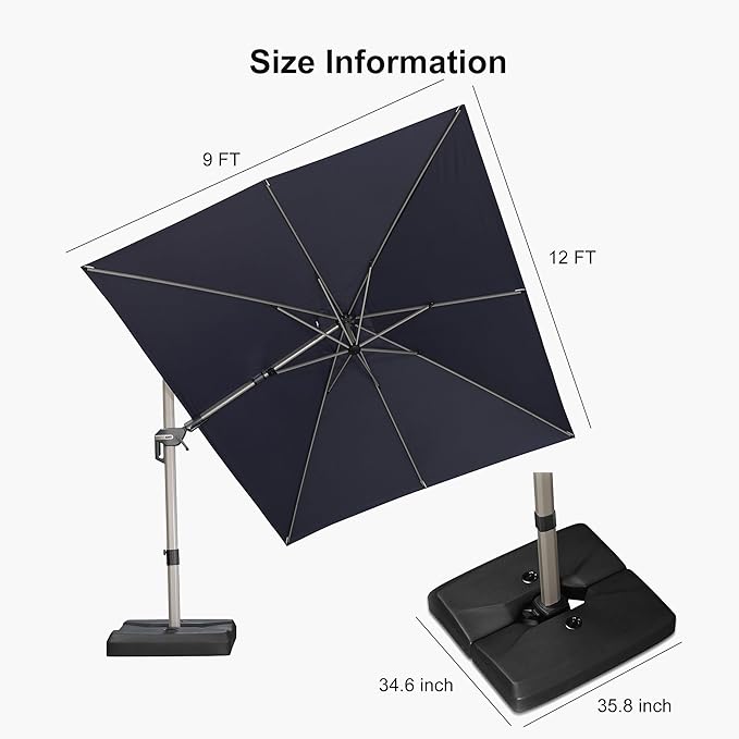 PURPLE LEAF 9' X 12' Left-right Tilting Patio Umbrella with Base Outdoor Swivel Cantilever Offset Aluminum Umbrella with Champagne Frame and 360-degree Rotation for Garden Deck Pool, Navy Blue