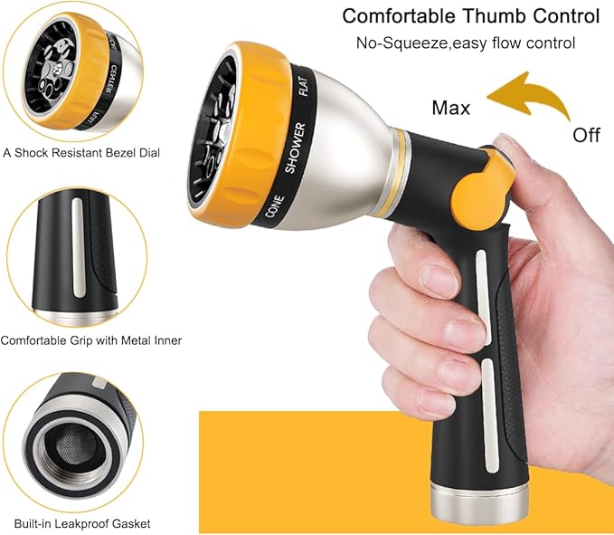 FANHAO Garden Hose Nozzle, 100% Heavy Duty Metal Spray Nozzle with Thumb Control, High Pressure Water Nozzle with 8 Adjustable Spray Patterns for Watering Plants, Washing Cars and Showering Pets