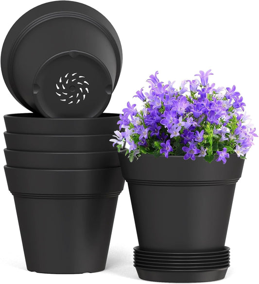 5 Inch Plastic Plant Pots with Drainage Holes and Trays – 6 Pack Small Nursery Pots for Indoor & Outdoor House Plants and Flowers, Seedling Starter Planters, Matte Black