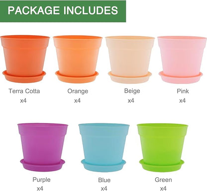 4 inch Plant Pots, 28 Pack Small Plastic Planters with Drainage Holes and Saucers for Flowers Plants, Succulents, Seed Starting Pots, Colorful