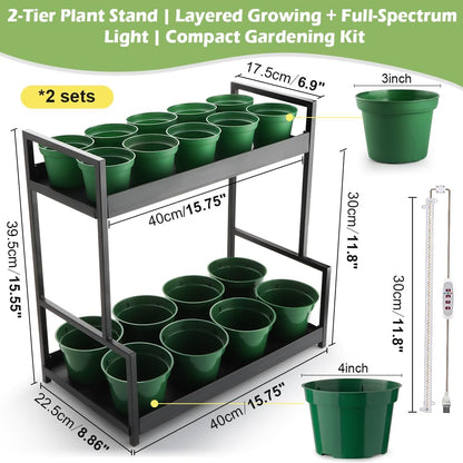 2-Pack Dual Tier Plant Stand with Grow Light and Green Plastic Nursery Pots for Plants, Indoor Gardening Kit for Herbs, Succulents, Seedlings & Small Plants Gardening Gifts