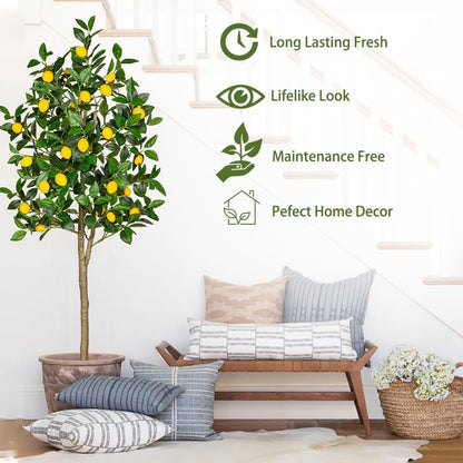 Artificial Lemon Tree 5ft Fake Lemon Plant in Pot Large Fake Floor Plants Faux Trees Indoor Lemon Decorations for Home Living Room Office