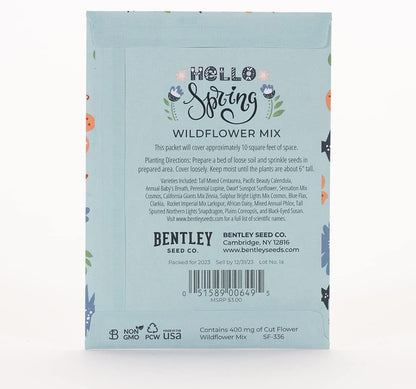 Hello Spring Blue Background - Wildflower Mix Seed Packets: 25 Wildflower Seed Packets for Planting - Flower Seeds - Garden Seed to Grow Live Plants - Spring Flowers - Bentley Seed Co.