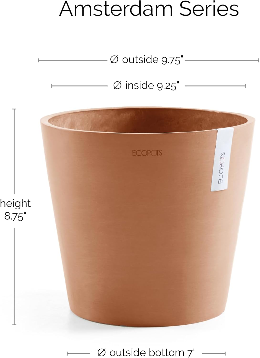 Ecopots Amsterdam Durable Modern Round Indoor/Outdoor Recycled-Based Composite Flower Pot Planter, Terracotta Color, 10"