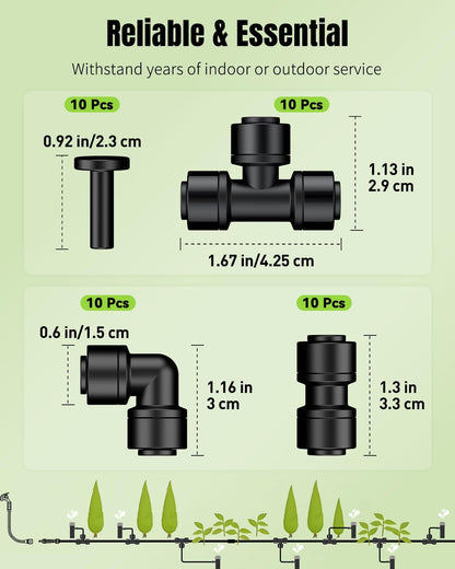 Pawfly 40 Pcs Quick Connect Drip Irrigation Fittings Kit for 1/4" Tubing, Push-to-Fit Drip Line Connectors Set with 10 Tees, 10 Couplings, 10 Elbows & 10 End Plugs, Anti-Leak Drip Irrigation Parts