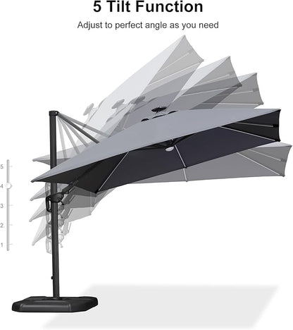 PURPLE LEAF 10 Feet Patio Umbrella Outdoor Cantilever Solar Powered LED Swivel Square Umbrella Aluminum Offset Umbrella with 360-degree Rotation for Garden Deck Pool Patio Light Grey