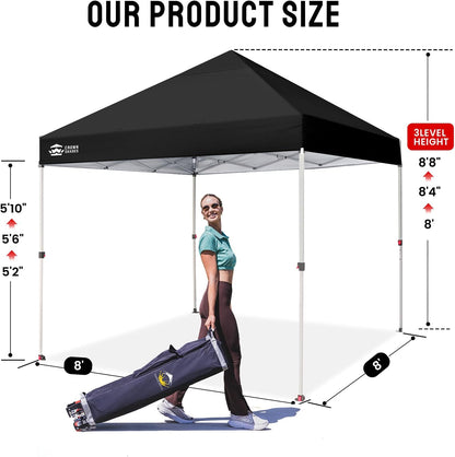 CROWN SHADES 8x8 Pop Up Canopy, Patented Center Lock One Push Instant Popup Outdoor Canopy Tent, Newly Designed Storage Bag, 8 Stakes, 4 Ropes, Silver-Coated Black
