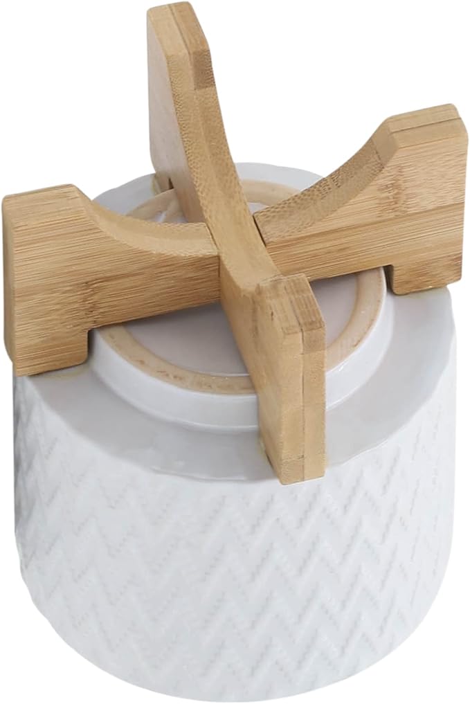 Sagebrook Home Modern Ceramic Planter with Stand - Textured Stoneware Pot with Bamboo Base for Indoor & Outdoor Plants - Decorative Flower Pot for Home & Garden - 8" White