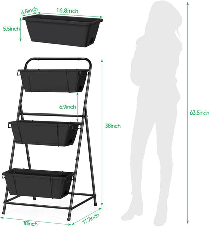 Raised Garden Bed 3 Tier Vertical Garden Planter Elevated Planter Boxes Outdoor Herb Planter with Drainage Holes Removable Tray for Patio Balcony Porch Black