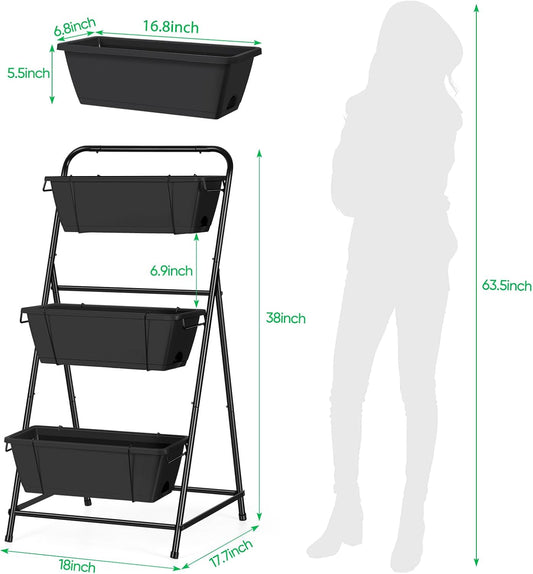 Raised Garden Bed 3 Tier Vertical Garden Planter Elevated Planter Boxes Outdoor Herb Planter with Drainage Holes Removable Tray for Patio Balcony Porch Black