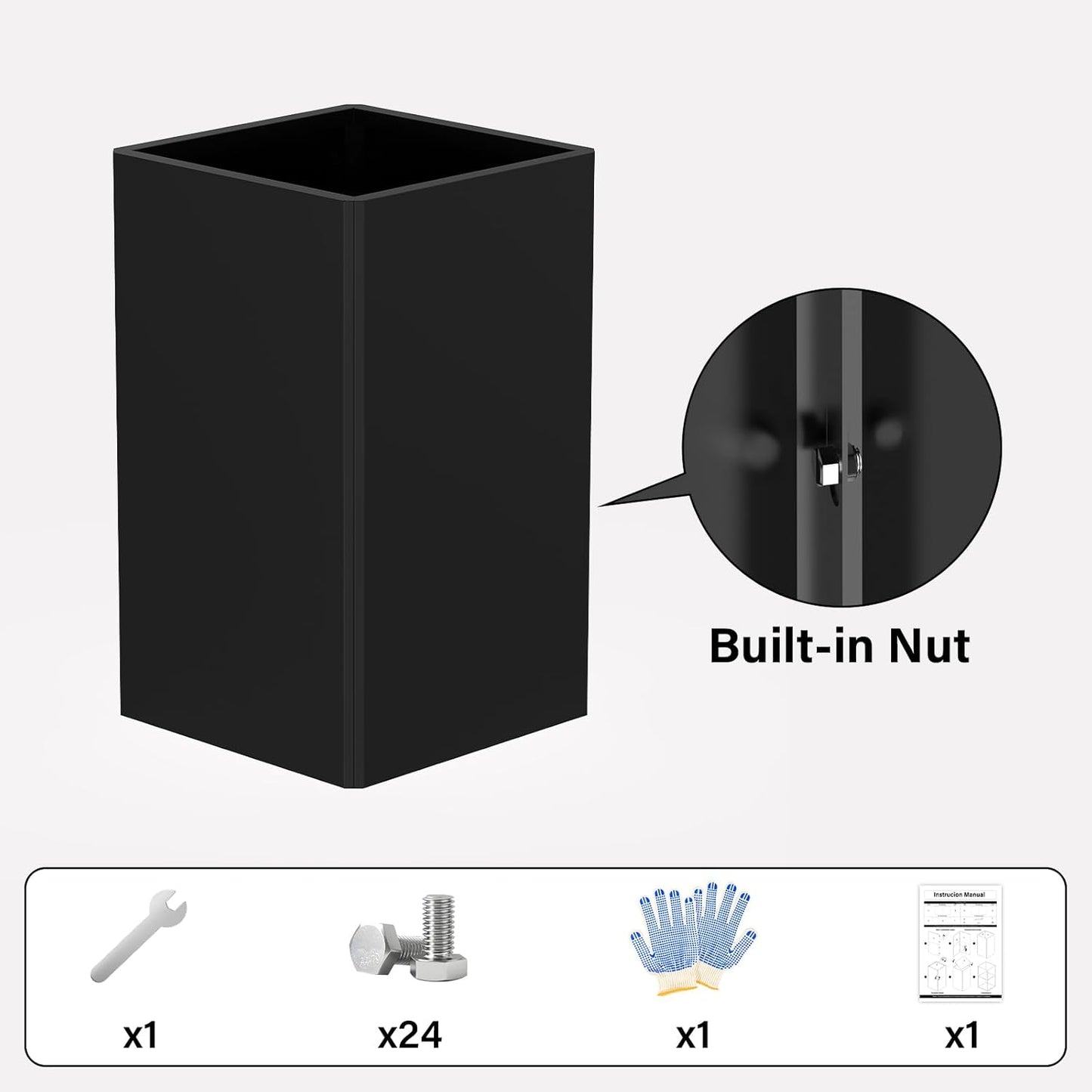 24" Tall Planter for Outdoor Plants, Modern Large Outdoor Galvanized Steel Flower Pots, Front Porch Decor, Garden Pots, Black Planters for Indoor/Outdoor, Patio, Balcony